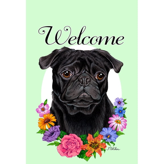 Pug Black - Best of Breed Welcome Flowers House Flags
