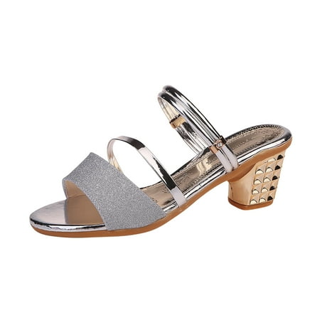 

Chunky Heeled Sandals for Women Sequin Sparkle Slides Mules Fashion Summer Casual Adjustable Strap Open Toe Dress Slippers