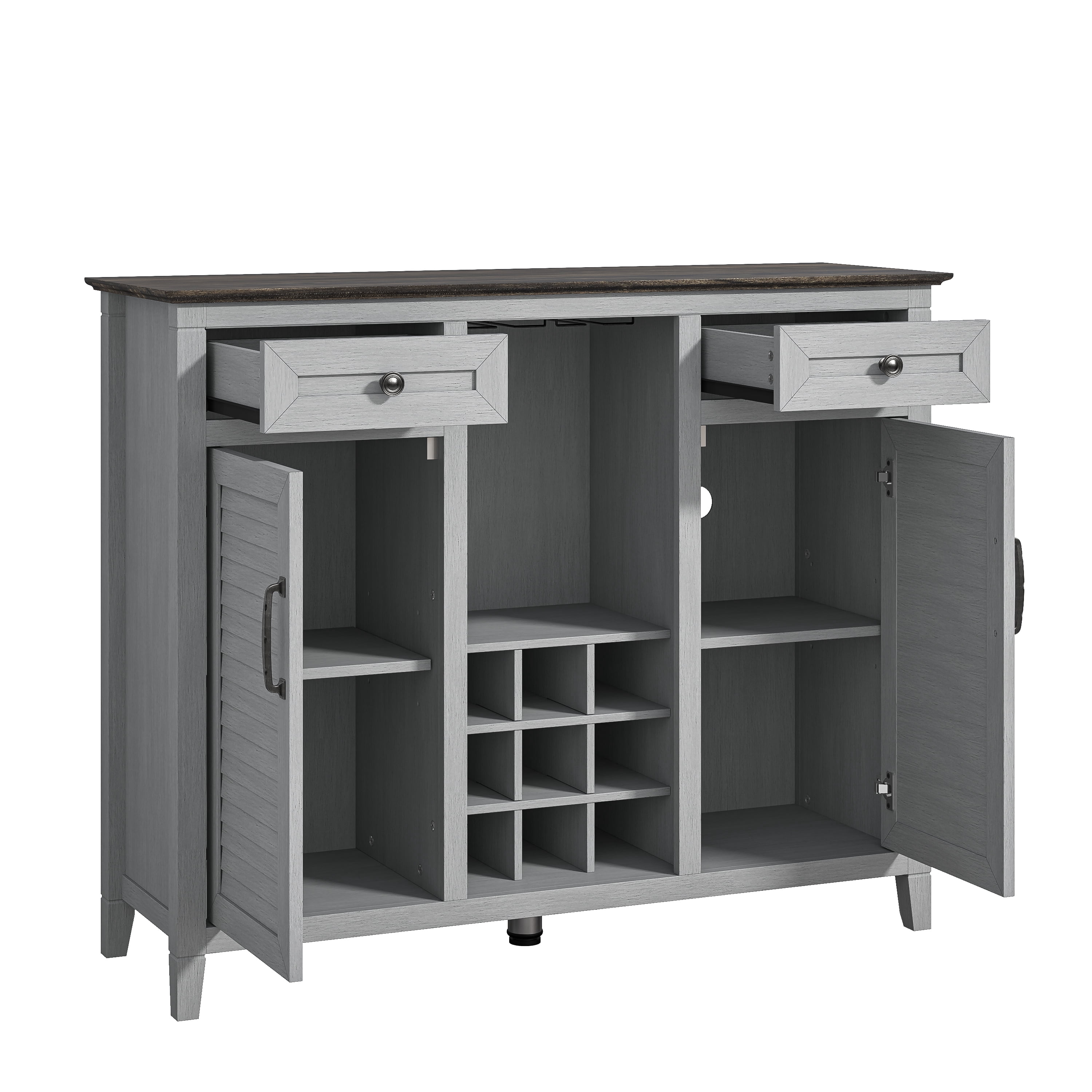 47" Wine Cabinet – Metal Glass Rack, Wood Grid, Adjustable Shelves & Two-Tone Finish，Grey