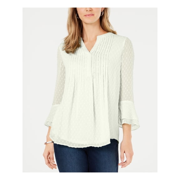 CHARTER CLUB Womens Ivory Ruffled Textured Relaxed Fit; Pintucks, Lined 3/4 Sleeve Split Wear To Work Blouse M