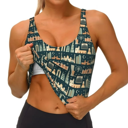 Qokaie UAE Travel1 1 Pattern Womens Scoop Neck Sports Bra Breathable Workout Vest Padded U Back Medium Impact Fitness Gym Yoga Bra Workout Crop Top