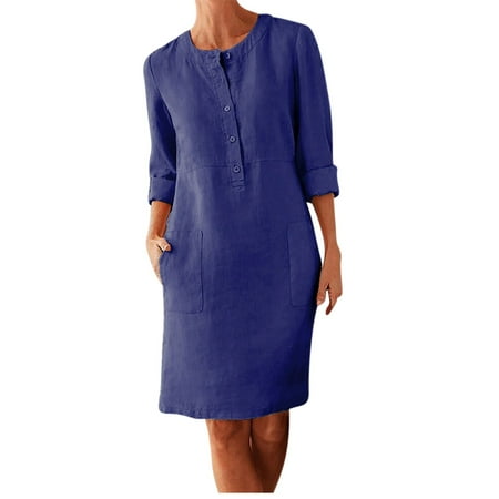 

Womens Long Sleeve Dress Casual Spring Crew Neck Pockets Button Dress Solid Dressy Knee-Length Dress with Pockets