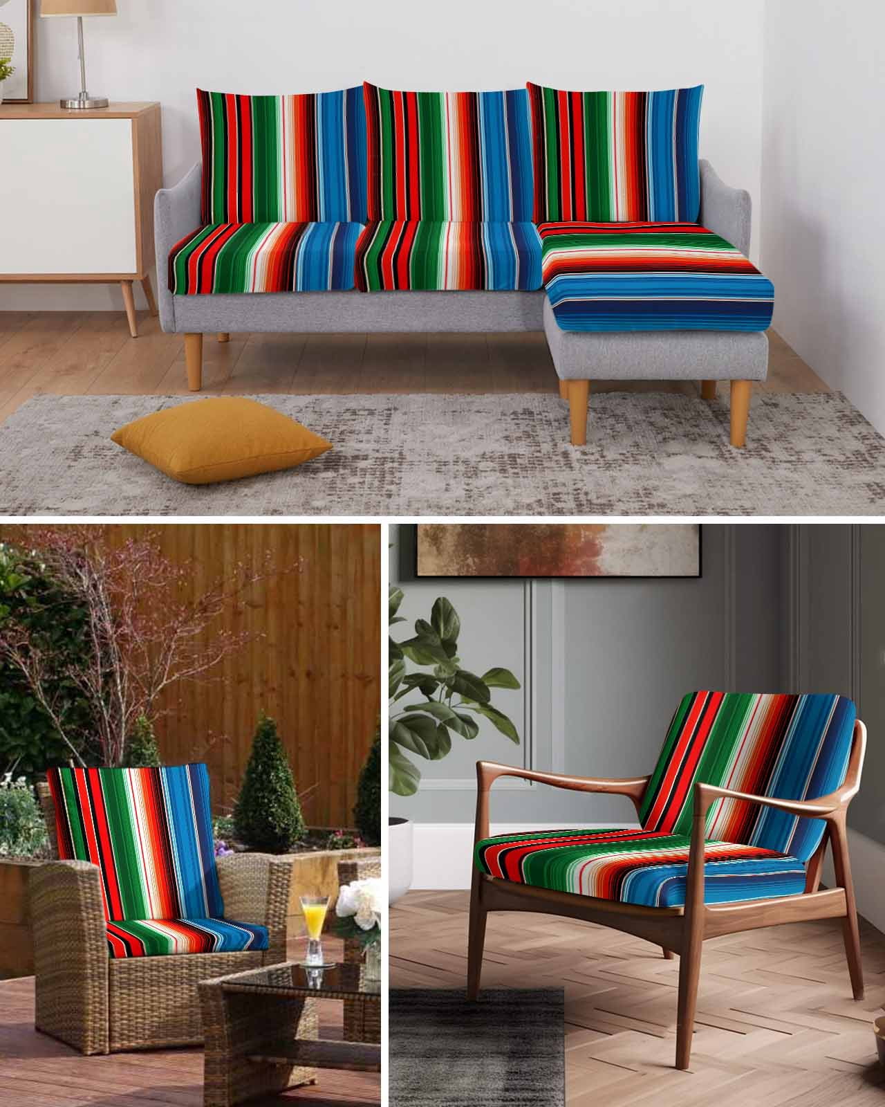 Mexican Serape Couch Cushion Covers Stretch, Washable Sofa Seat Covers Individual Seat Cushion Sofa Slipcovers Colorful Stripes Vertical Lines Abstract Couch Cover Furniture Protector S-1PCS