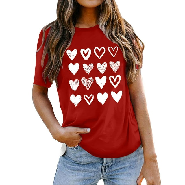 Fgnfyis T-Shirts à Manches Courtes pour Femmes T-Shirts Graphiques de la Saint-Valentin pour Femmes T-Shirts à Manches Courtes avec Cœur T-Shirts Mignons de la Saint-Valentin pour Elle T-Shirts pour Femmes Rouge G