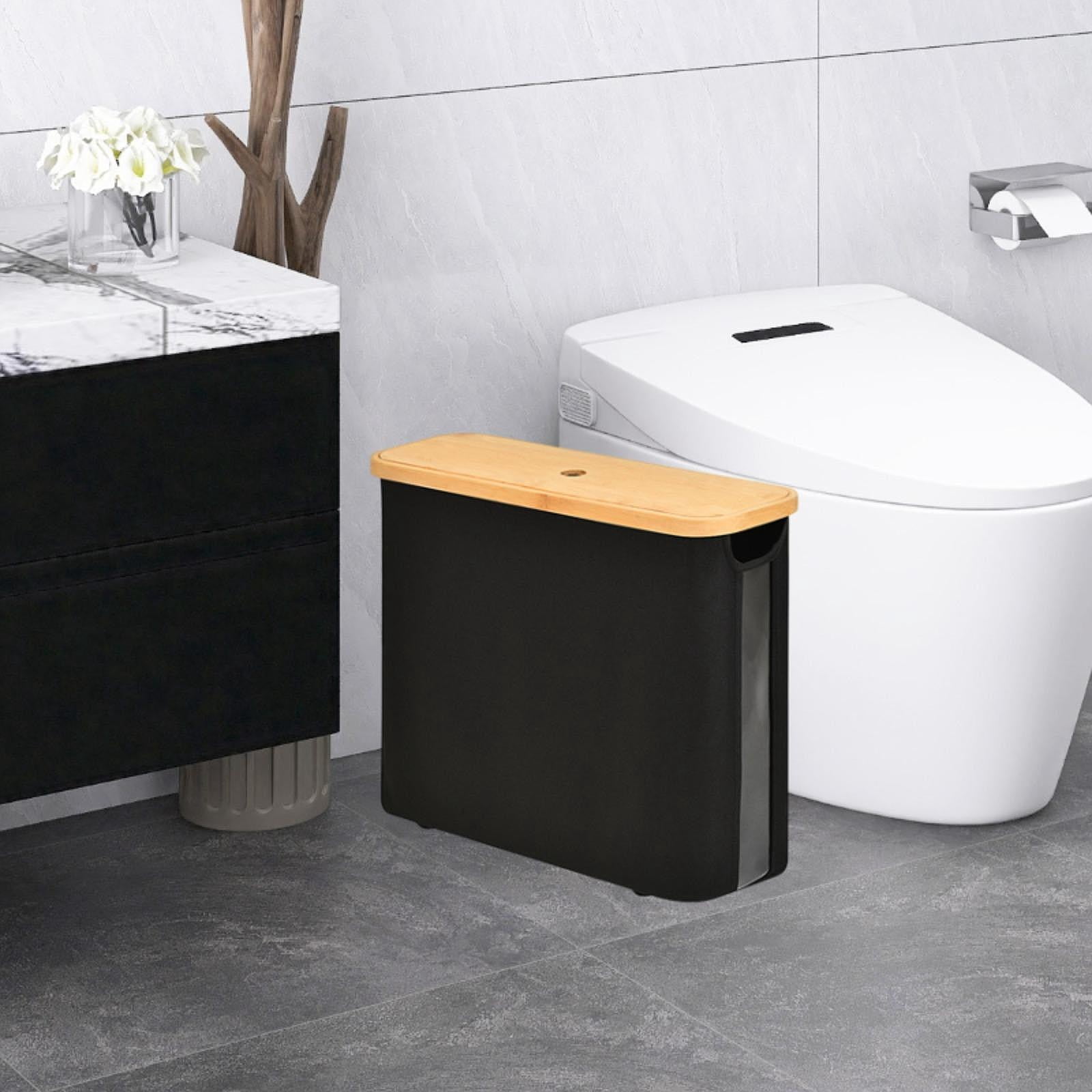 Fiocias Toilet Paper Holder Multifunctional Accessories Container with Bamboo Lid Toilet Black