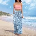thumbnail image 2 of Wutalume Women Summer Wide Leg Floral Print Pants, High Waist Elastic Drawstring Palazzo Trousers with Pockets, Flowy Boho Beach Pants,Blue L, 2 of 8