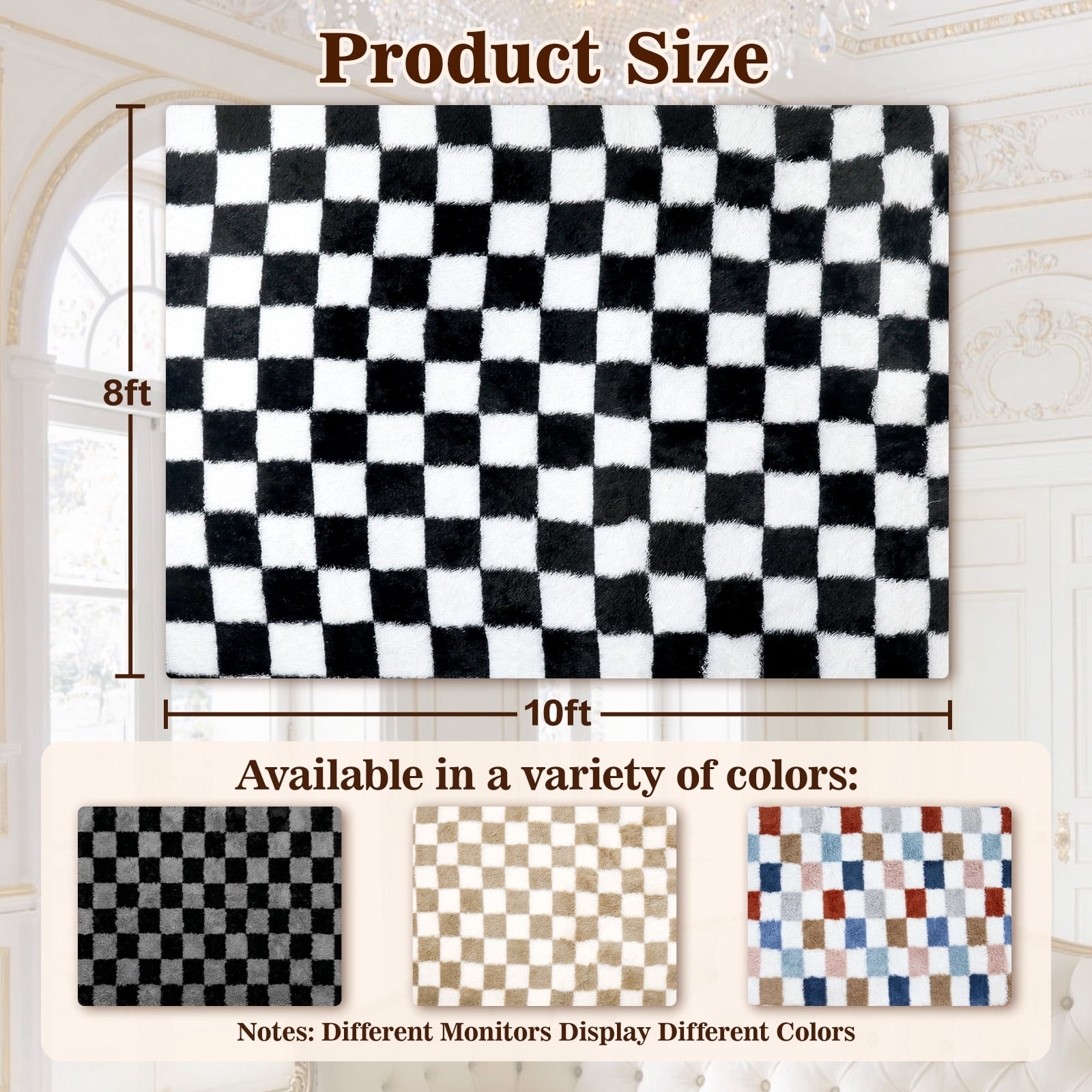 ZRSDIXK 8'x10' Area Rugs for Living Room, Large Shag Fluffy Rug Checkered Carpet, Black & White
