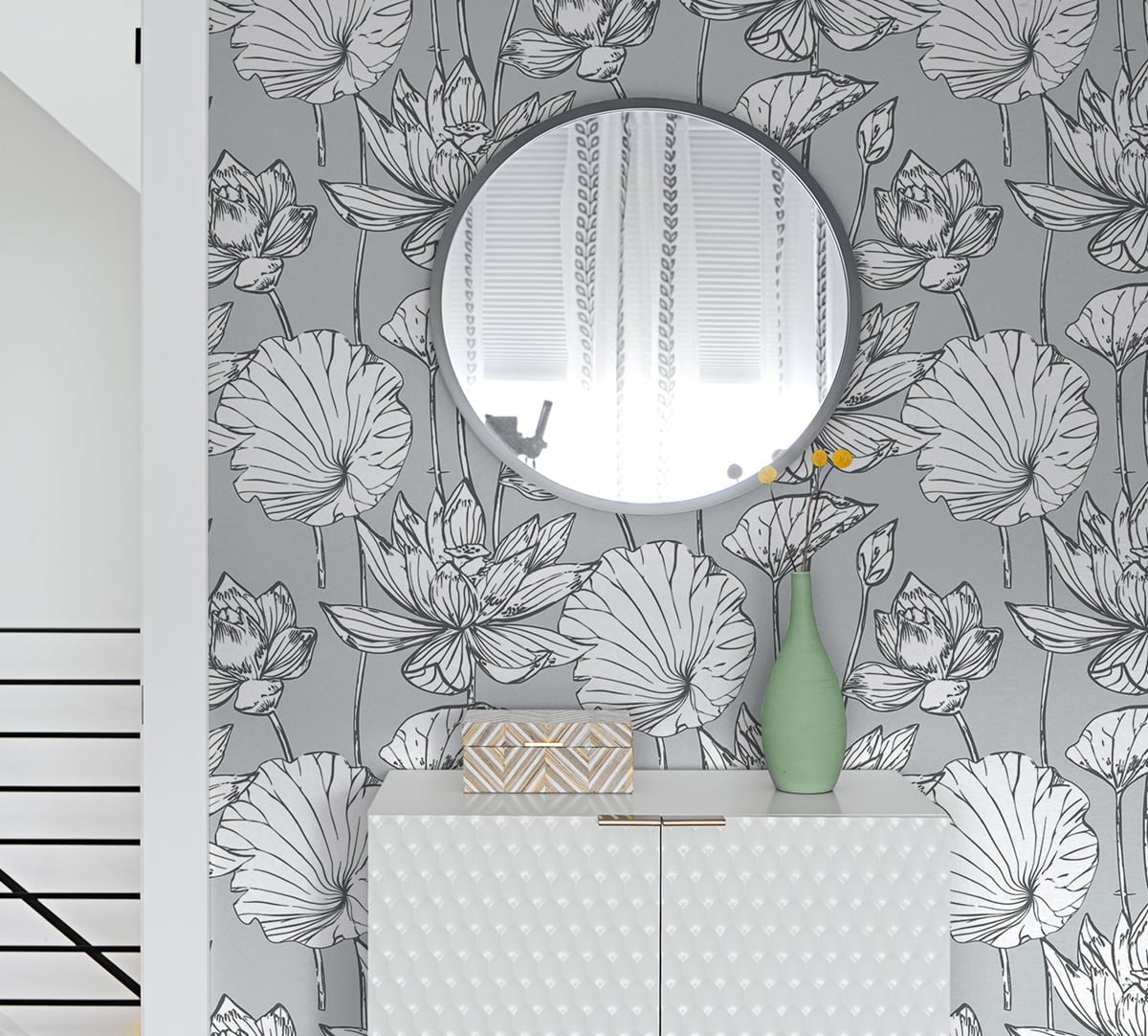 NextWall Gray & Ebony Lotus Floral Peel and Stick Wallpaper