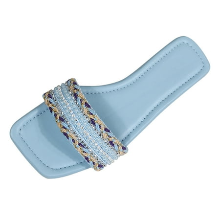 

Women Slippers Flat Beaded Fringe Slippers Square Headband Beach Sandals Fairy Fashion Slippers Flat Open Toe Slippers Summer Slippers PU Dress Sandals for Women Light Blue