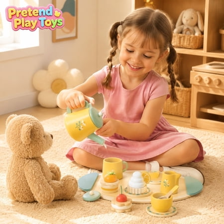 Wooden Tea Party Cake Cutting Pretend Play Toy Set Kids Toddler Mini Tea Time Playset with Kettle Cups Dessert Tray Learning Toys Imaginative Afternoon Tea Role Play Kit for Boys Girls Ages 3+