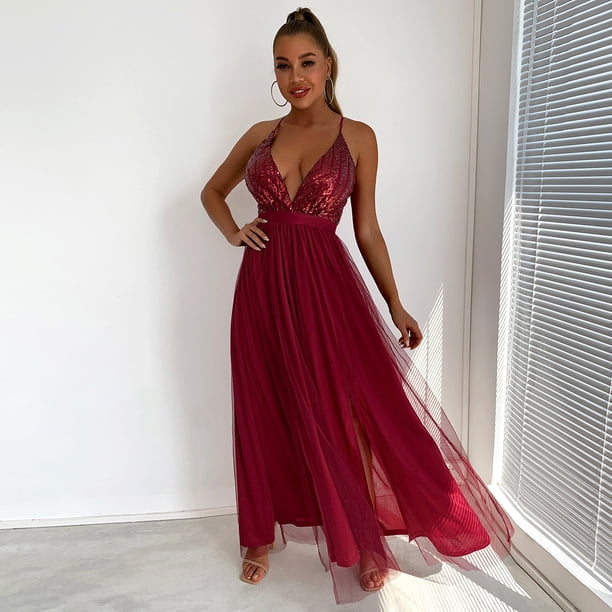Vestido sexy de verano de color liso con tirantes abiertos y aberturas grandes para mujer