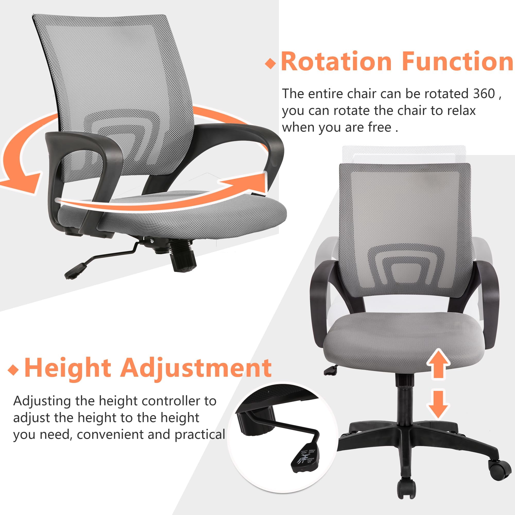 YRLLENSDAN Conference Room Chair Mesh Office Chair with Wheels Rolling Desk Chair with Arms Mesh Computer Chair for 250lb Adults Study Chair Adjustable Height,Gray