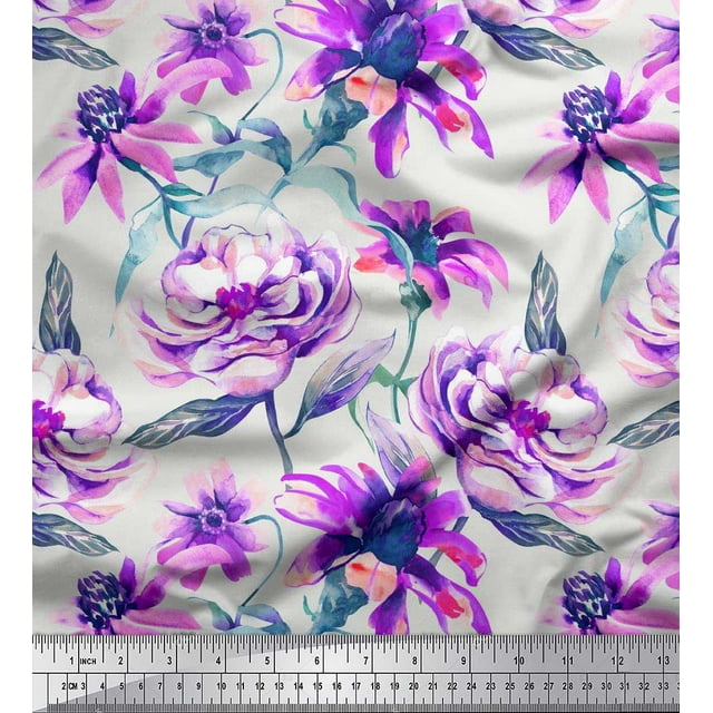Soimoi Purple Silk Fabric Leaves & Floral Decor Fabric Printed BTY 42 Inch Wide