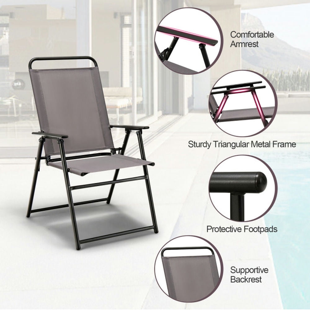 Topcobe Set of 2 Outdoor Folding Sling Chairs with Armrest and Backrest, Outdoor Patio Chair-Gray