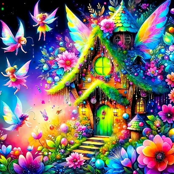 Diamond Art Painting Kits for Adults,Fairy's House 5D Diamond Painting Dots Art Kits for Adults Beginner, DIY Full Round Gem Crystal Art Paint by Diamond, Home Wall Decor 14x 14 in