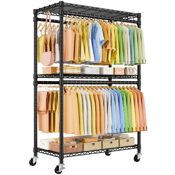 ULIFP5 Plus Rolling Clothes Rack, Clothing Racks for Hanging Clothes, Black | Heavy Duty Garment Rack with Wheels, 3-Tier Shelves, Portable Closet Racks 45''W × 20.5''D × 80.5''H, Max Load 660Lbs