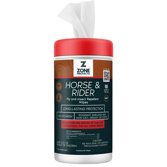 Zone Protects Horse & Rider Fly and Insect Repellent Wipes; Perfect for the Horse's Face; Picaridin Based, 12-hr Protection against 400 Fly Species