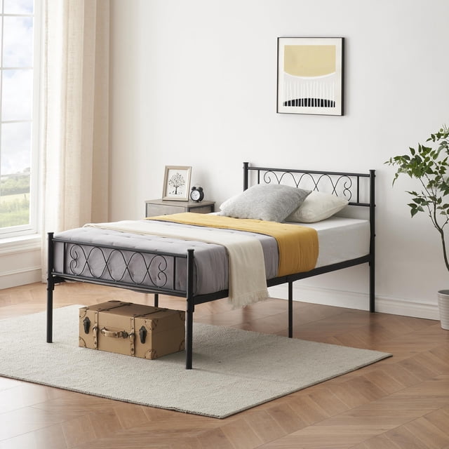 Tamaño individual negra metal marco de cama con cabecero y footboard para girls y boys: cama de plataforma con iron art sweet heart, no box spring & fácil montaje