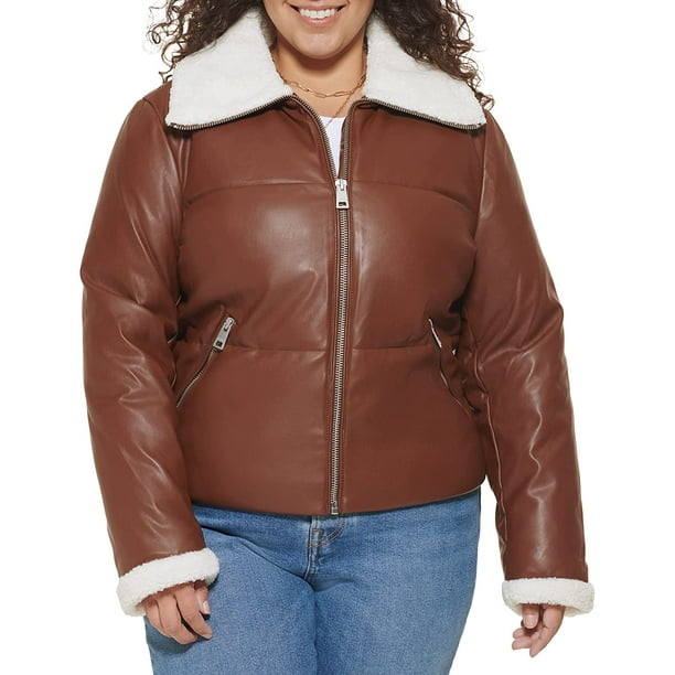 Levis Womens Breanna Puffer Jacket Standard and Plus Sizes 1X Dark Brown Faux  Leather 
