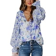thumbnail image 1 of Blusa de mujer con mangas acampanadas y botones, estampado floral, corte holgado, informal, Top de manga larga para citas y viajes, 1 of 6