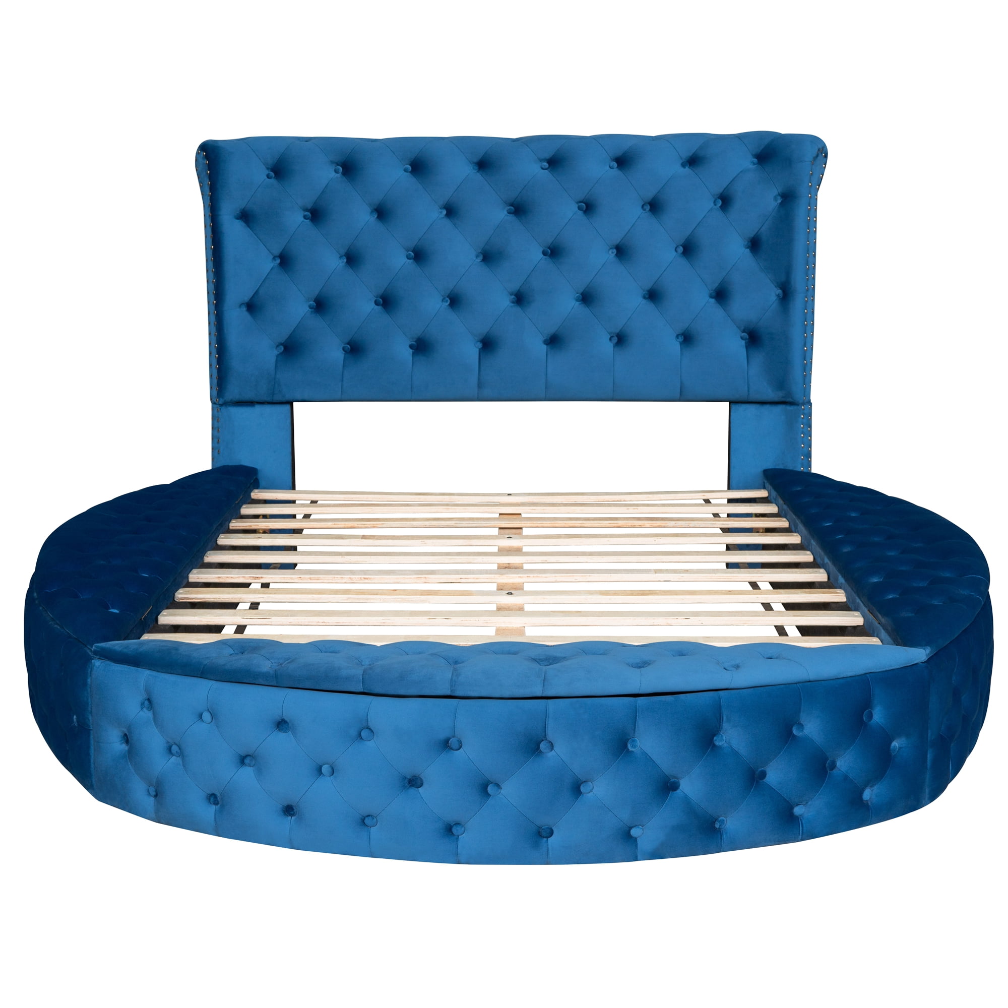 Full Size Round Shape Upholstery Low Profile Storage Platform Bed with Storage Space on Both Sides, Blue
