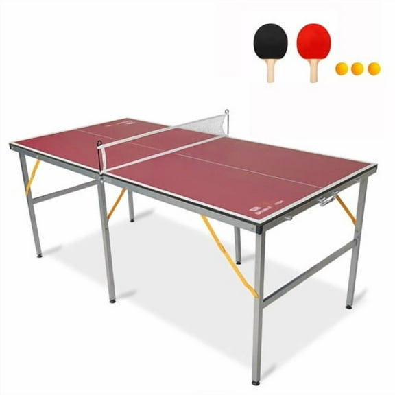 DOUBLE FISH 6ft Mid-Size Foldable Portable Ping Pong Table Indoor Outdoor Game Set with Net 2 Paddles 3 Balls red color