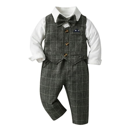 

Toddler Boys Outfits Long Sleeve Shirt Romper Bodysets Pants Coat With Tie 4Pcs Child Kids Gentleman Clothes for Boys Size 6-12 Months