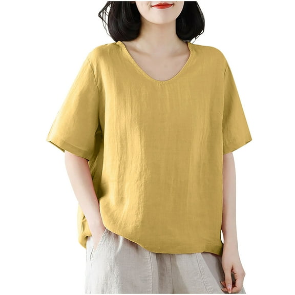 hotojiny Cotton Linen Tops for Women Casual Loose Half Sleeve T Shirt Vintage Breathable Summer V Neck Plus Size Basic Tee