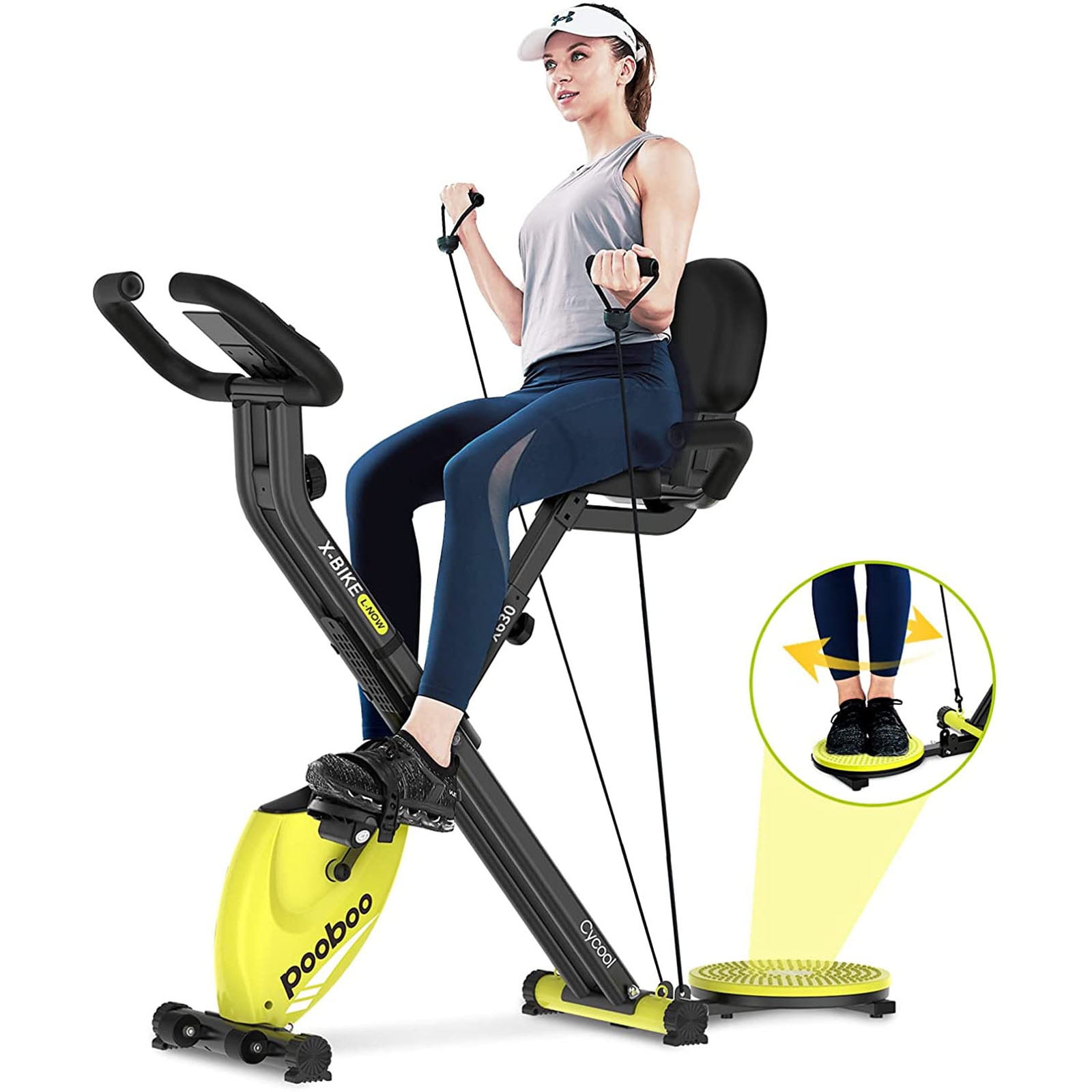 Pooboo Foldable Exercise bike,Indoor Cycling Bike,Folding Magnetic Upright Stationary bike with LCD Monitor&phone holder Dumbbells,Pull Rope,Pulse,phone Holder 