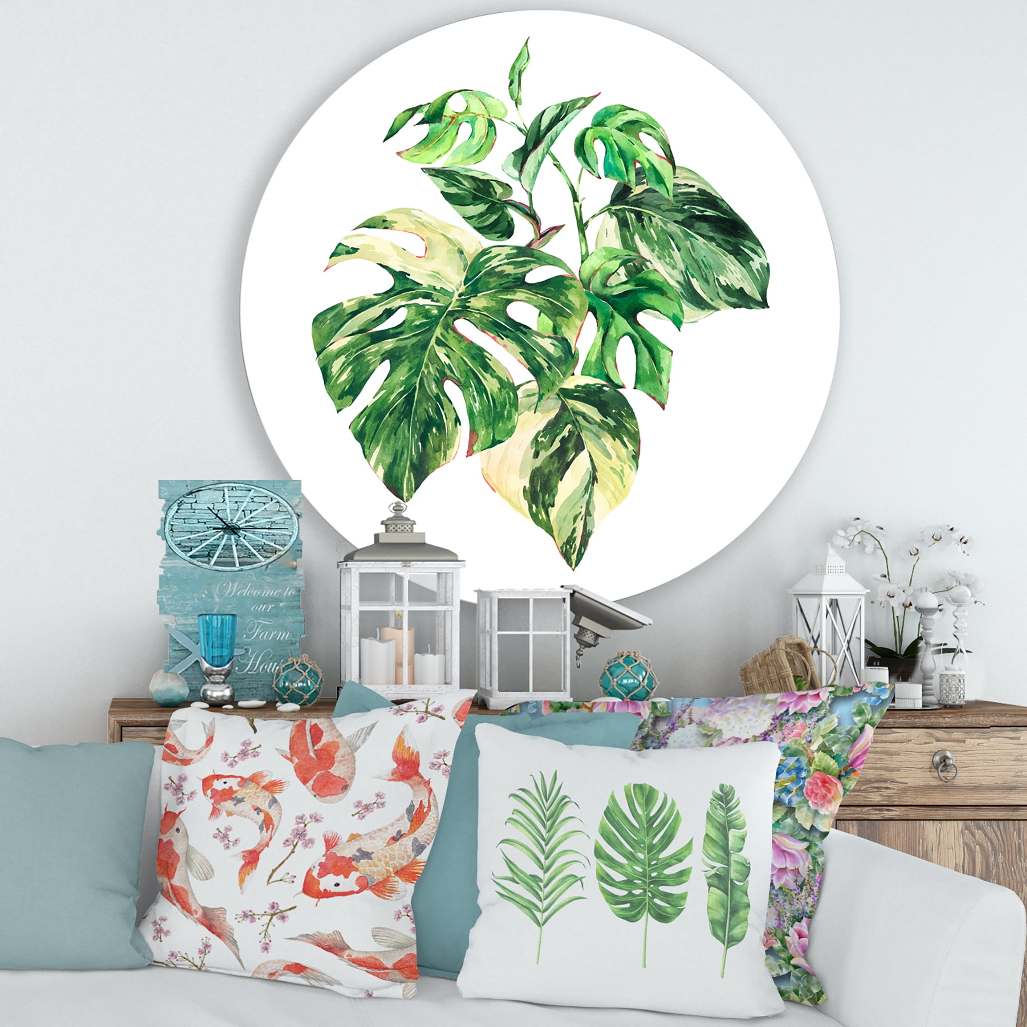 Designart 'Tropical Green Leaves On White In Summer Times I' Tropical Circle Metal Wall Art 36x36 - Disc of 36