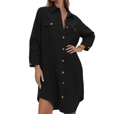 Womens Button Down Shirts Fall Long Sleeve V Neck Blouses Casual A-line Lapel Dress Top Solid Color Front Button Long Shirts with Pockets Black L