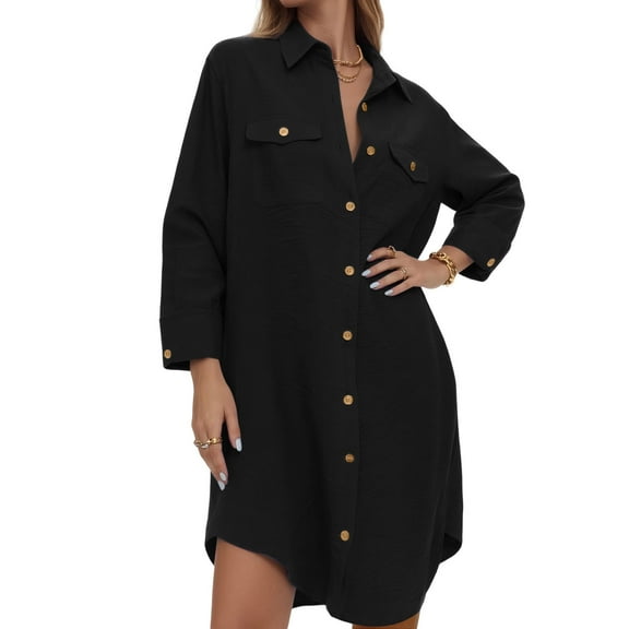purcolt Womens Button Down Shirt Dresses Oversized Collared Long Sleeve Button Up Tunics Solid Blouse Tops with Pockets