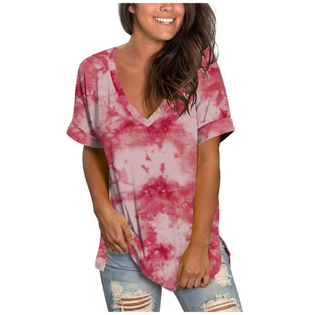 CHUANK Womens Plus Size Tops Clearance Womens Plus Size Gradient Color V-Neck Short Sleeve T-shirt Tops Blouse