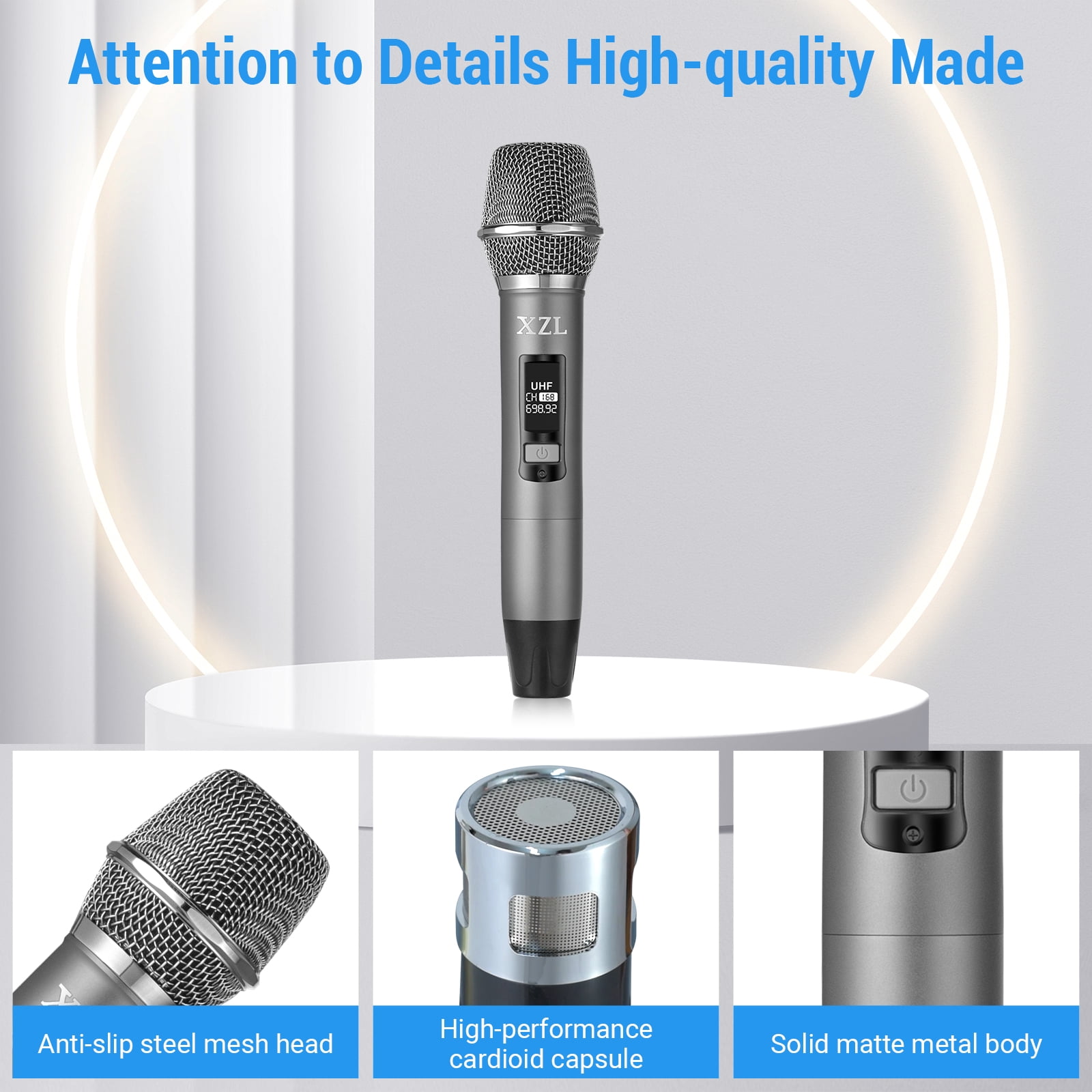 XZL Wireless Microphone Rechargeable UHF Dual Handheld Metal