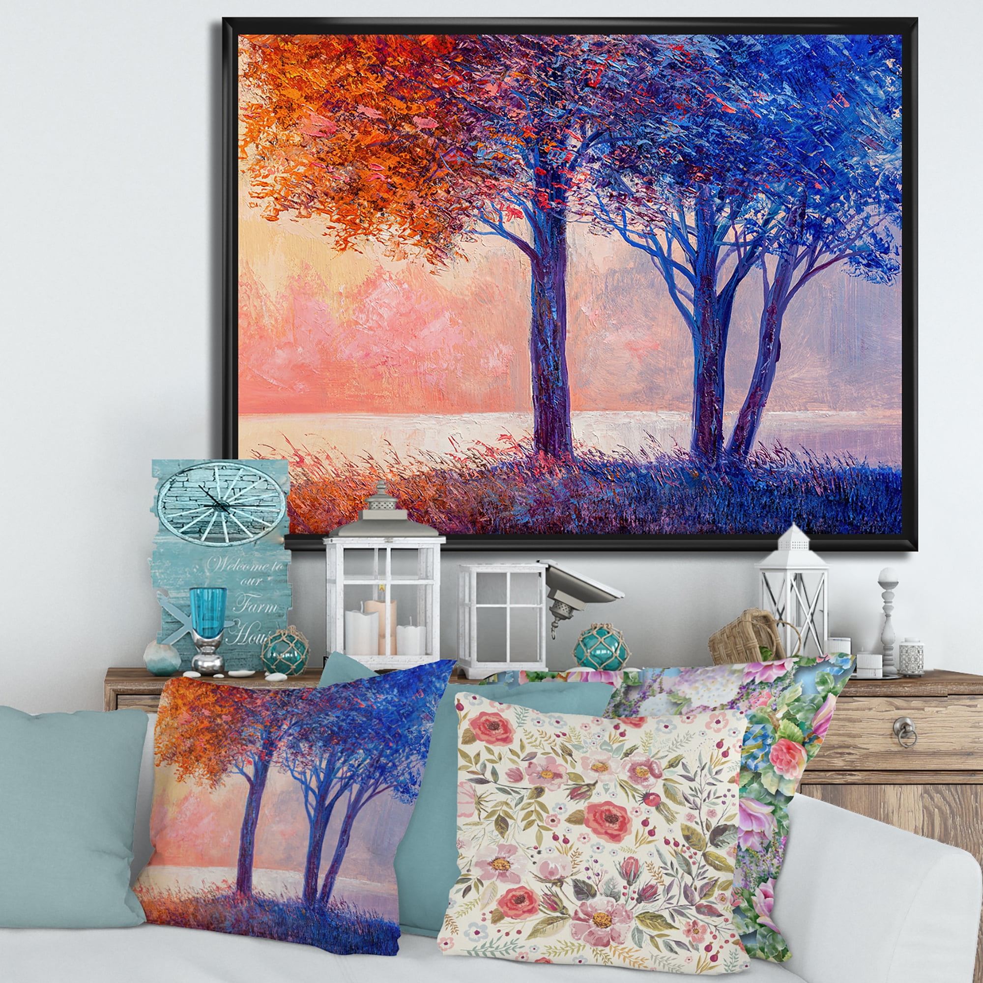 Colorful Autumn Forest Trees Along Beautiful River 32 in x 24 in Framed Painting Canvas Art Print, by Designart