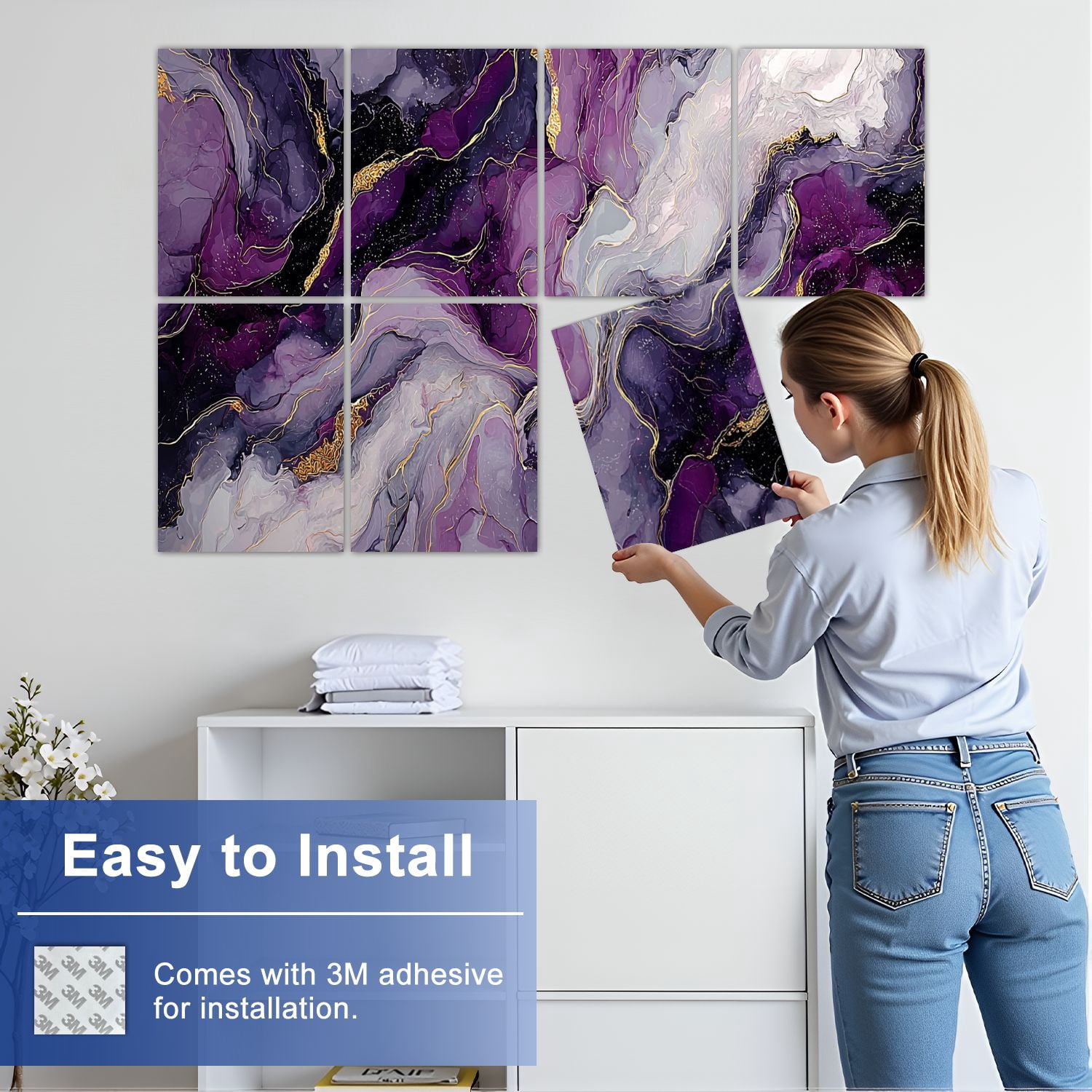 Marble 8 Pack Art Acoustic Panels Sound Absorbing amethyst color marble texture purple marble Decorative Soundproof Wall Panels Self Adhesive for Nursery Game Room Bedroom 48"x32"