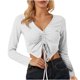 thumbnail image 2 of ICHUANYI Clearance Women Fashion Sexy Casual Lace Up Versatile Solid V-Neck Lantern Sleeves With Drawn Pleats And Exposed Navel ICHUANYI "ICHUANYI", 2 of 7
