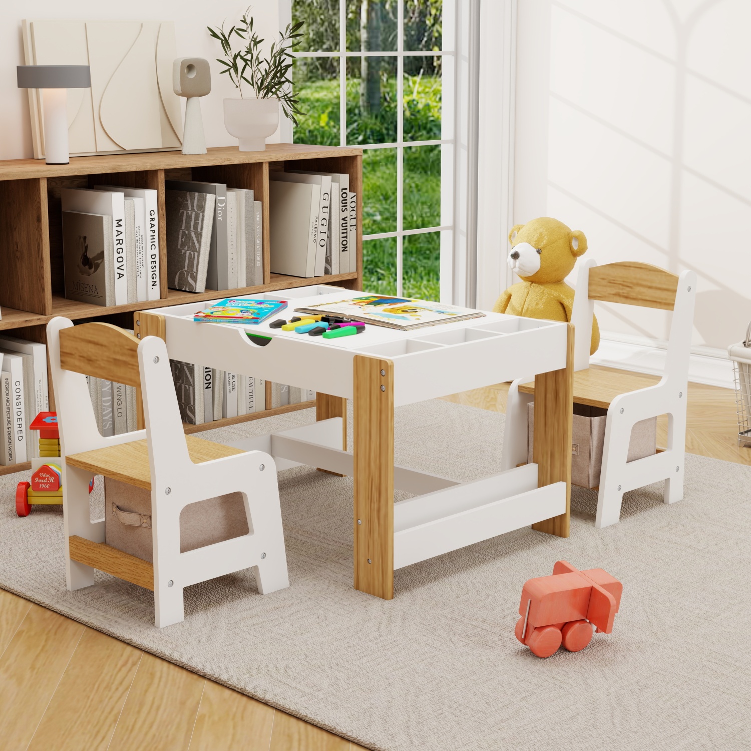 Kids 2 in 1 Play Table & 2 Chairs Set, with 7 Storage Compartments, Compatible with LEGO Building Block, Modern Activity Learning Table Game Furniture White