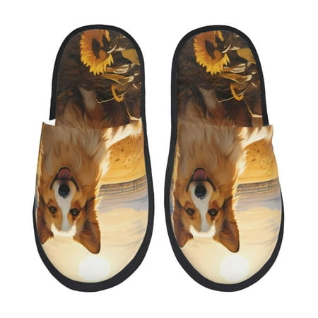 Balery Pastoral Sunflower Corgi Slient Indoor Furry Fleece Comfort House Shoes Soft Non-Slip Home Shoes Cotton slippers House Slippers-- Large