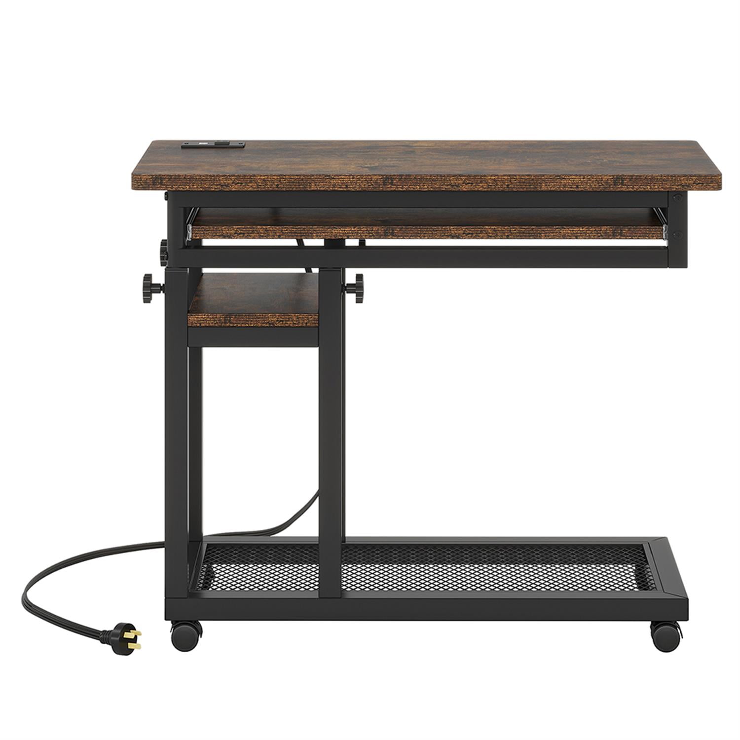 Demi Bonn Mobile C Table, Portable Desk Side Table with Power Outlet, Sofa Arm End End Table for Eating Laptop Couch Bed Dinner or Small Spaces, Brown