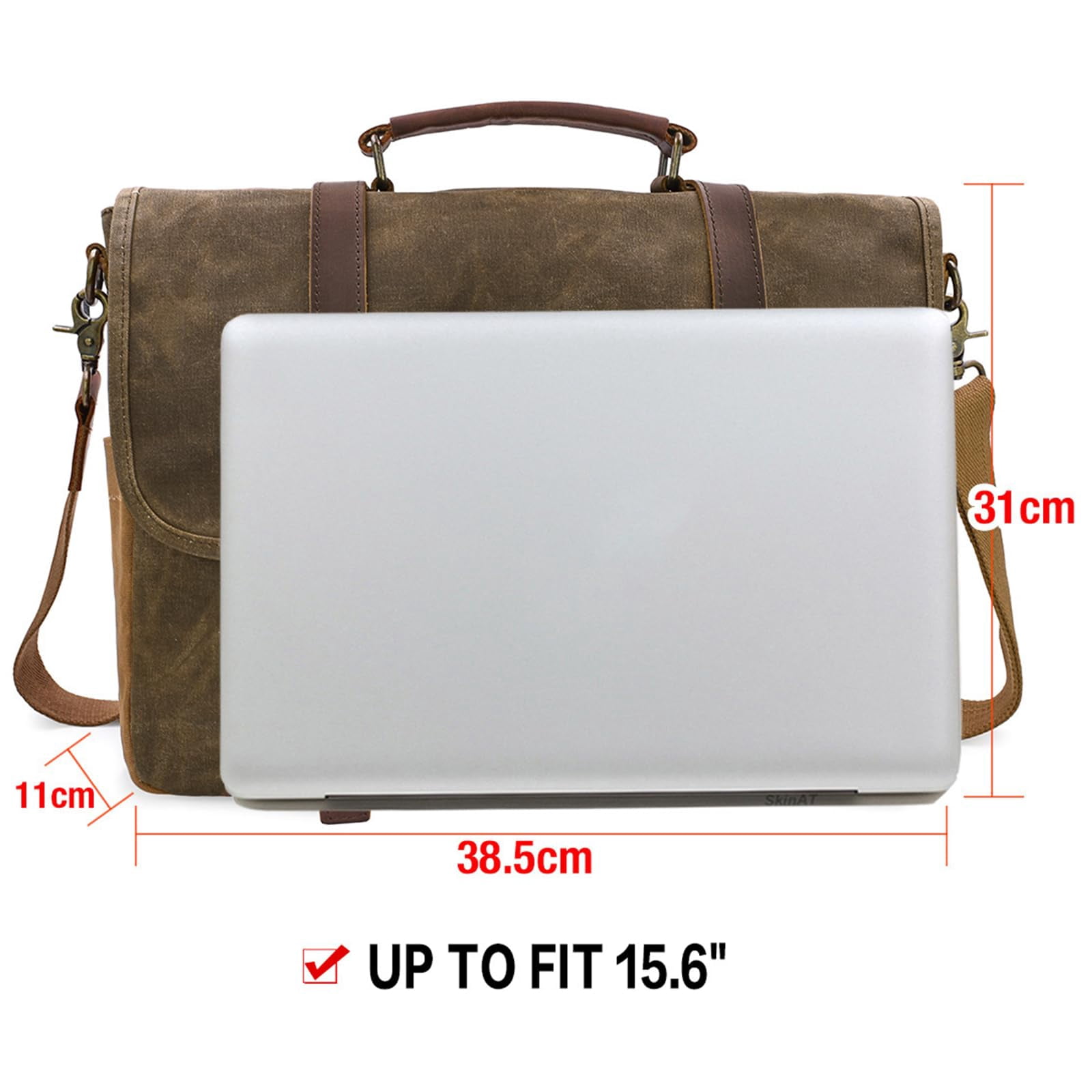 Mens Messenger Bag 15.6 Inch Waterproof Vintage Genuine Leather Waxed Canvas Briefcase Large Leather Computer Laptop Bag Rugged Satchel Shoulder Bag,Coffee