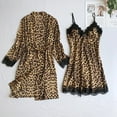 thumbnail image 2 of Anuirheih Satin Pajamas Sets for Women 2Pcs Long Sleeve Silk Leopard Print Robe with Belt +Leopard Print Lace Sling Nightdress, 2 of 8