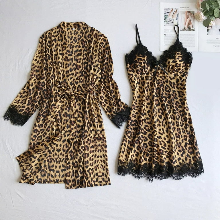 Leopard Satin Nightgown for Womens 2 Piece Kimono Robe and Cami Nightie Soft Nightdress Comfy Silky Pajamas Set Walmart
