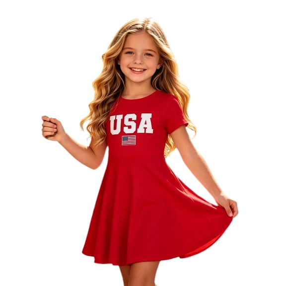 Bainana 4Th Of July Dress For Girls Short Sleeve American Flag Dresses USA Independence Day Patriotic Dress For Toddler And Tweens 8-9 Years Red
