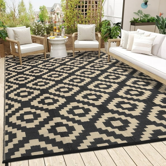 Twister.CK 8x10' Waterproof Outdoor Rug, Reversible Plastic Patio Rugs with Storage Bag, Portable Modern Indoor Outdoor Carpet for Camping, Balcony Deck Backyard, Black & Coffee