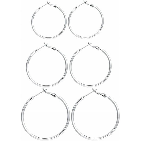 3 Pairs Sterling Silver Hoop Earrings, 14K White Gold Plated Big Hoop Earrings Set for Women 40 50 60MM