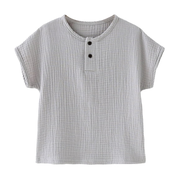 CPNG Toddler Baby Boys Cotton Linen Shirt Solid Color Button Short Sleeve T Shirt Daily Comfortable Casual Tees Tops(Grey,6-7 Years)