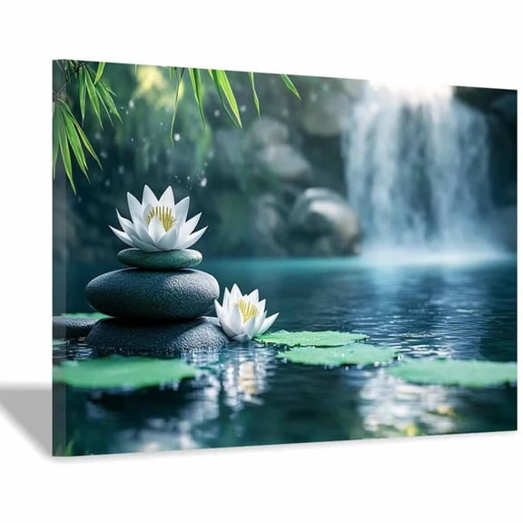 Mudket Framed Canvas Wall Art Zen White Balancing Stones Bamboo Waterfall Pond Prints Wall Decor Print Ready to Hang for Bathroom Bedroom Office Calming Wall Art - 12"L x 8"W