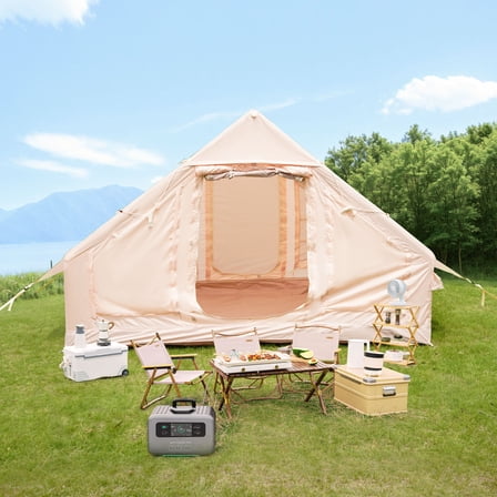 iCapeson 2-4 Person Inflatable Tent with Stove Jack, 3-5 Min Easy Setup Blow Up Tent, 4 Season Waterproof Windproof Glamping Air Tent with Hand Pump, 210D Oxford Fabric (Beige)