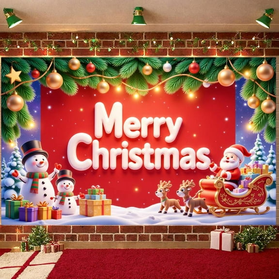 Red Background Christmas Banner Star Pattern Xmas Banner Snowman Design Santa Claus Print Holiday Banner for Christmas Party Home Decoration Indoor Celebration